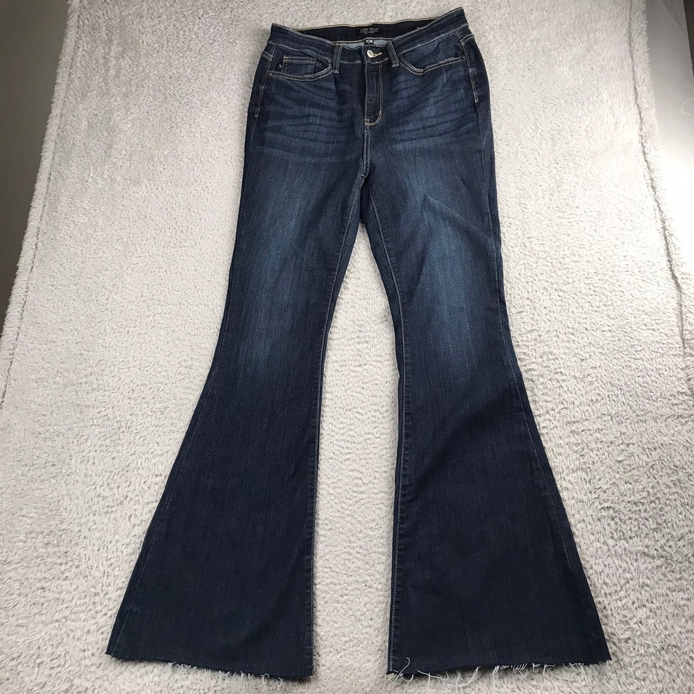 Judy Blue Flare Jeans Womens 11/30 Dark Wash High Rise Raw Hem Bell Bottoms